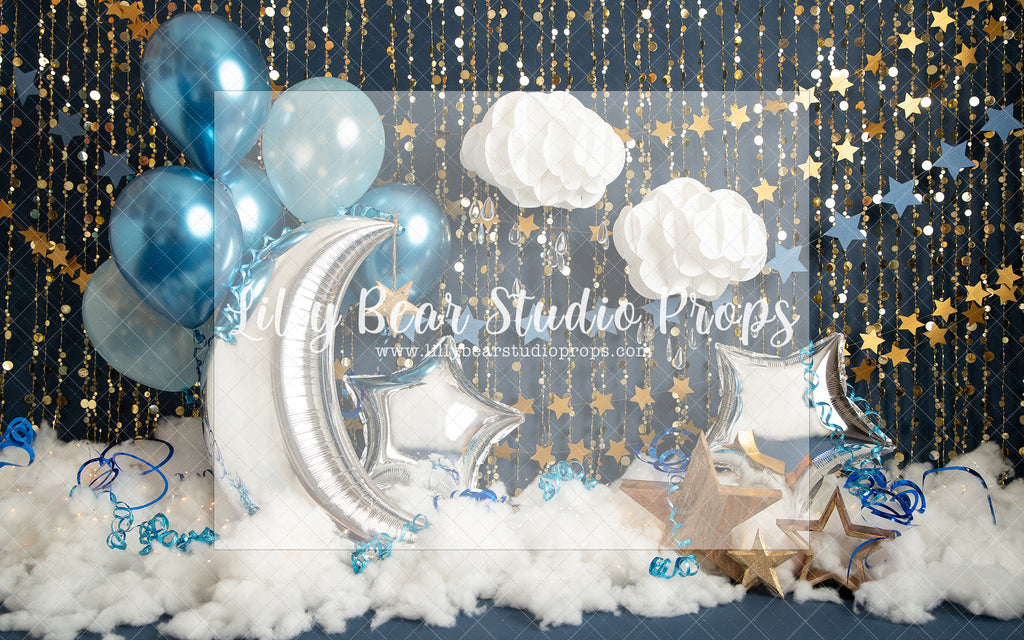 You're Invited - Lilly Bear Studio Props, balloon, balloon arch, balloon garland, black balloons, blue, blue balloon, blue balloon garland, blue balloons, chrome balloon, metallic balloon, moon, moon and stars, moon balloon, silver balloons, silver garland, silver moon, stars