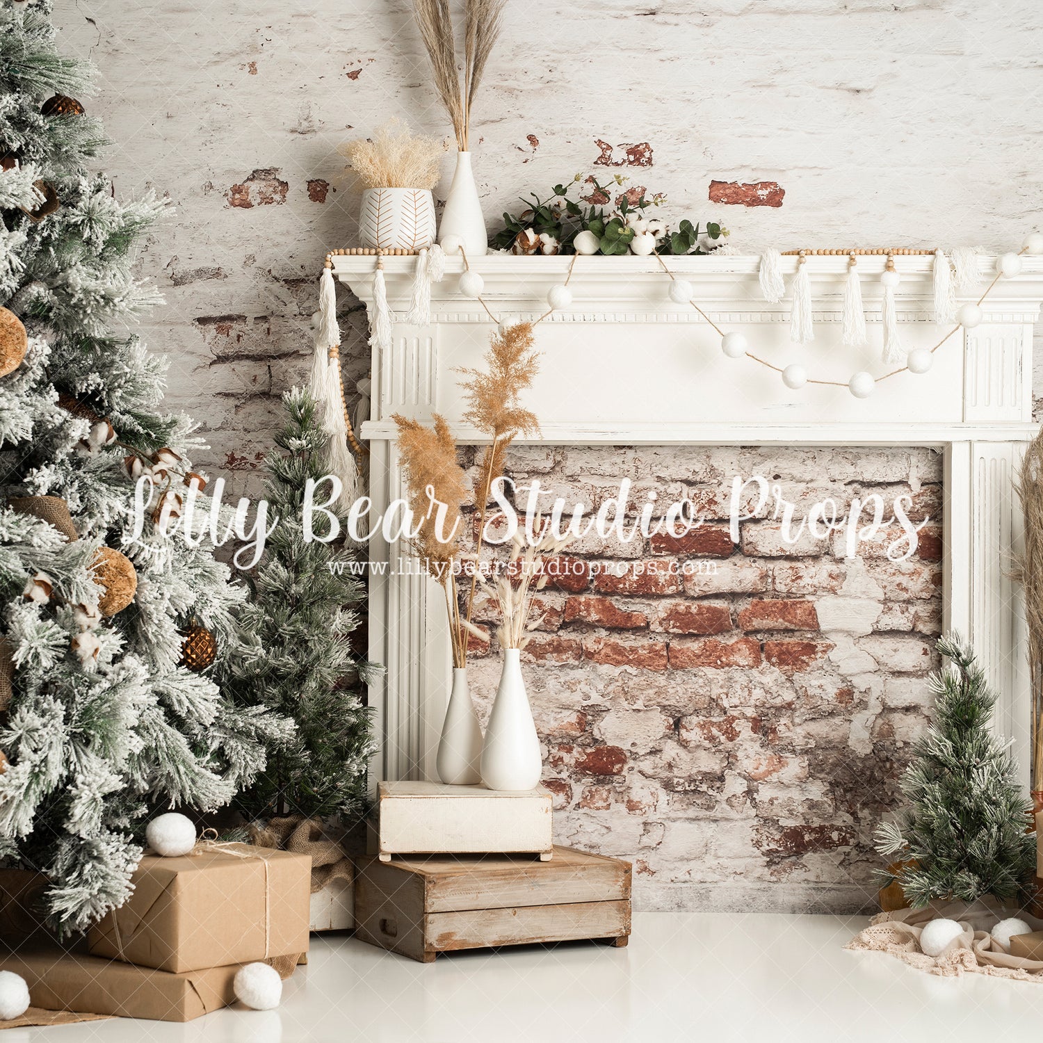 Zen Christmas - Lilly Bear Studio Props, blanket, bohemian, bohemian christmas, boho, boho christmas, christmas, christmas fireplace, christmas garland, christmas mantle, christmas tree, christmas trees, clean, elegant, fireplace, garland, holiday mantle, mantel, mantle, presents, scandi, scandinavian, scandinavian christmas, simple