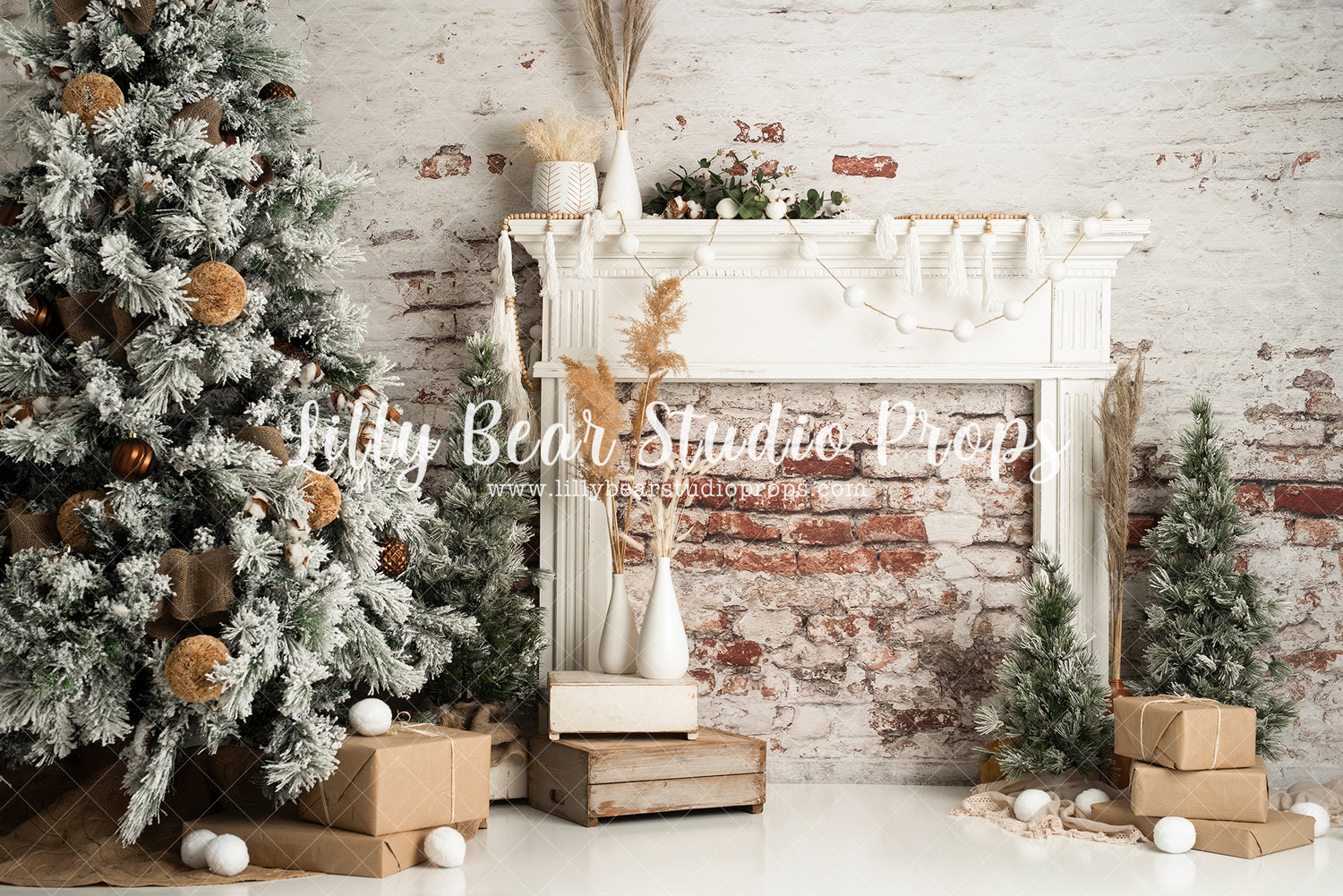 Zen Christmas Room - Lilly Bear Studio Props, black fireplace, bohemian christmas, bohemian fireplace, bohemian mantel, boho, boho christmas, boho holiday, boho mantel, christmas, christmas mantel, christmas village, evergreen trees, evergreens, Fabric, fireplace, holiday, holiday christmas, mantel, Pampas, pine trees, white christmas, white holiday, Wrinkle Free Fabric