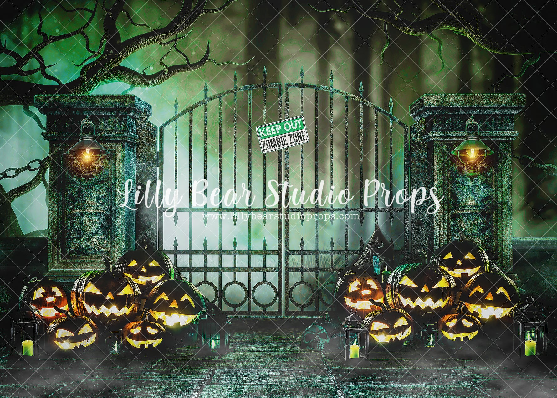 Zombie Gates by Brittany Ebany & Co. sold by Lilly Bear Studio Props, bats - carved pumpkin - cemetary - costume - dark