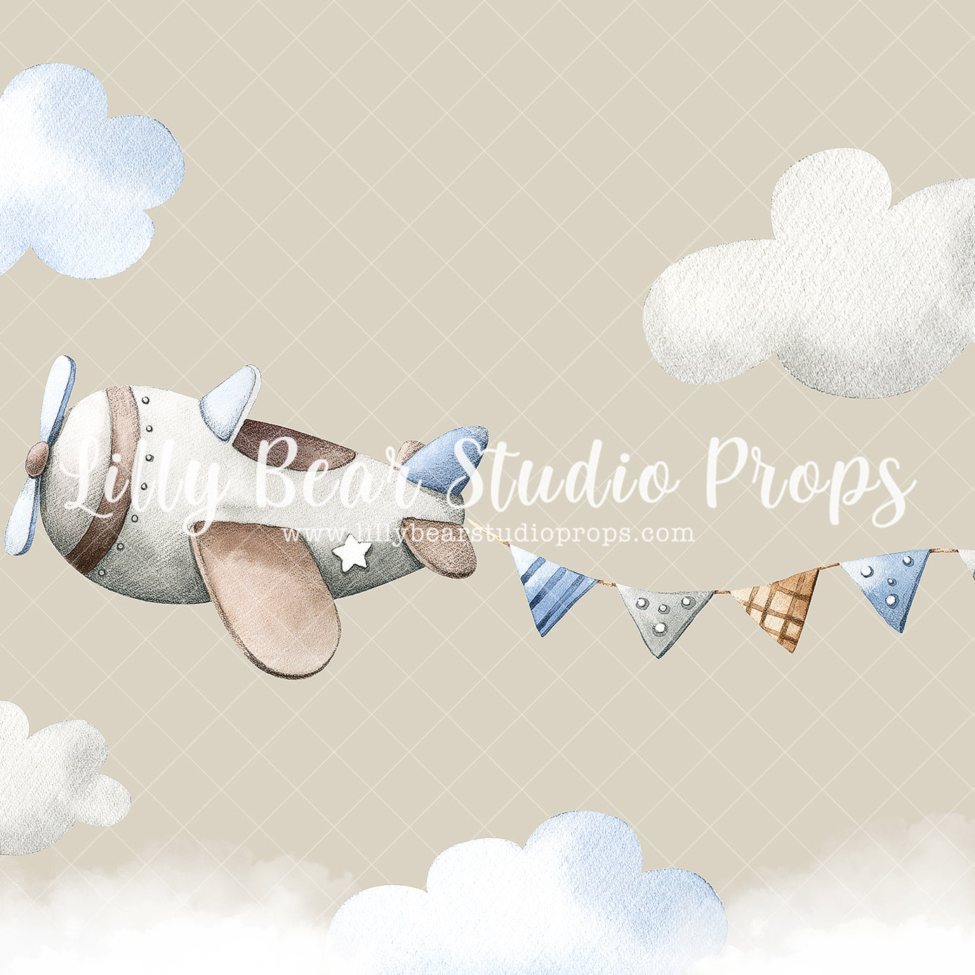 Airplane and Banner - Lilly Bear Studio Props, airplane, banner, beige, birthday, blue, boy, Fabric, sky, vintage, Wrinkle Free Fabric