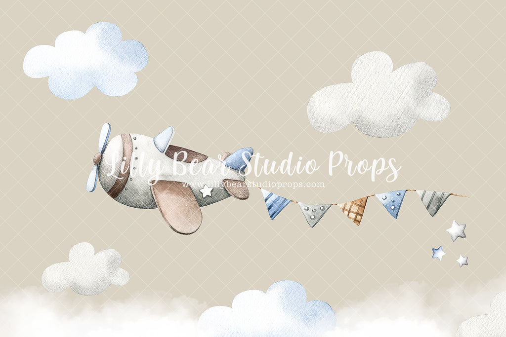Airplane and Banner - Lilly Bear Studio Props, airplane, banner, beige, birthday, blue, boy, Fabric, sky, vintage, Wrinkle Free Fabric