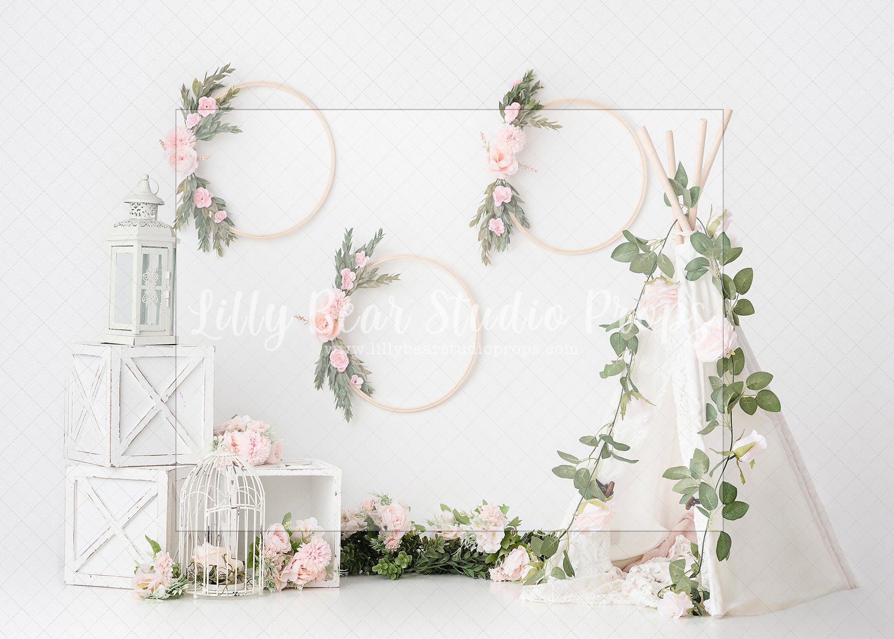 Boho Rose Teepee - Lilly Bear Studio Props, blush flowers, boho spring, boho teepee, FABRICS, flower garden, flower window, flowers, spring, spring flowers, spring garden, spring window, teepee, teepee tent