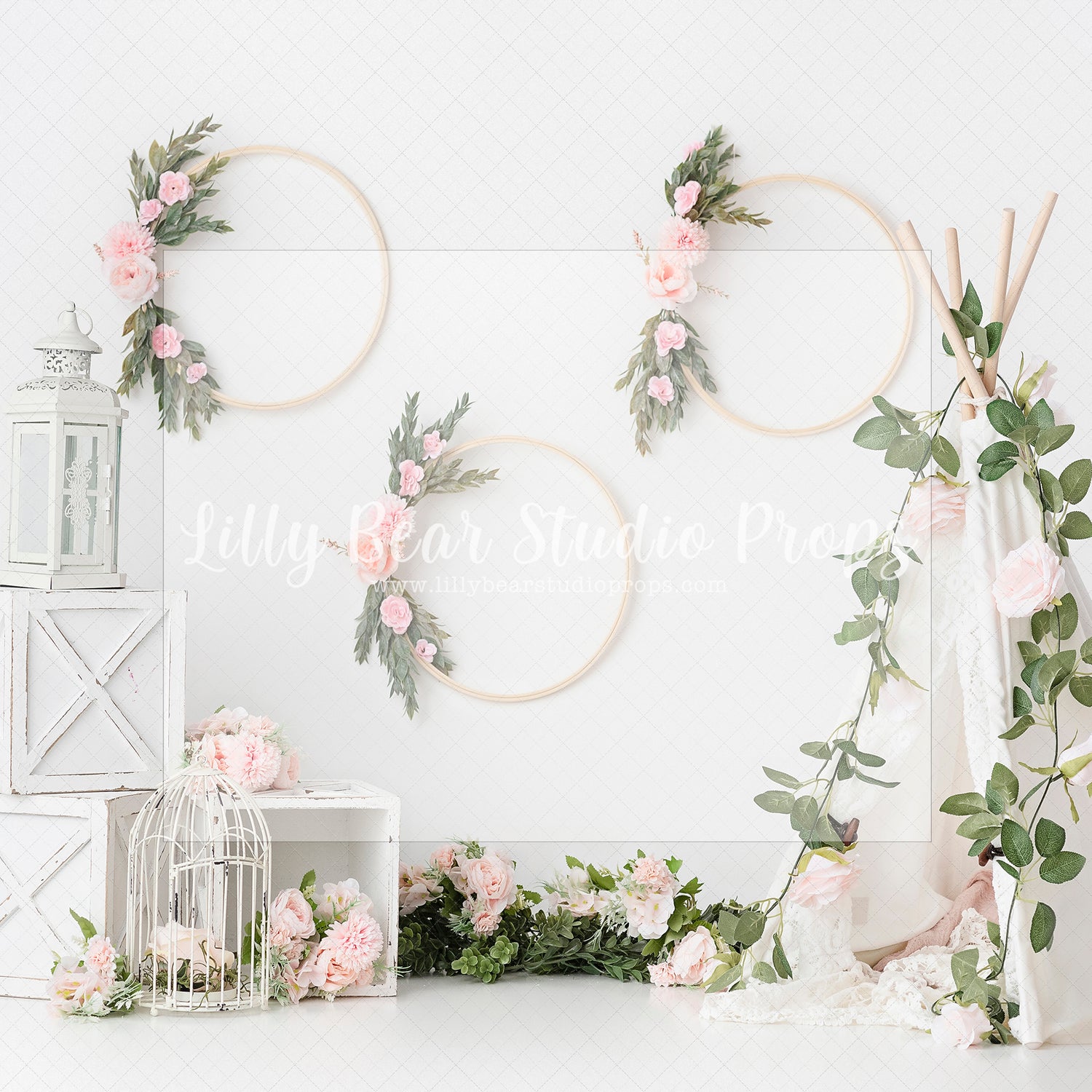 Boho Rose Teepee - Lilly Bear Studio Props, blush flowers, boho spring, boho teepee, FABRICS, flower garden, flower window, flowers, spring, spring flowers, spring garden, spring window, teepee, teepee tent
