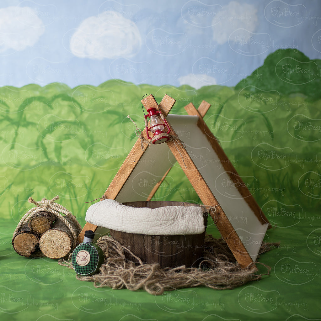 Camping - Quilt Digital Backdrop - Lilly Bear Studio Props, bowl, camping, digital, digital backdrop, floral, fur, greenery, newborn digital backdrop, wood