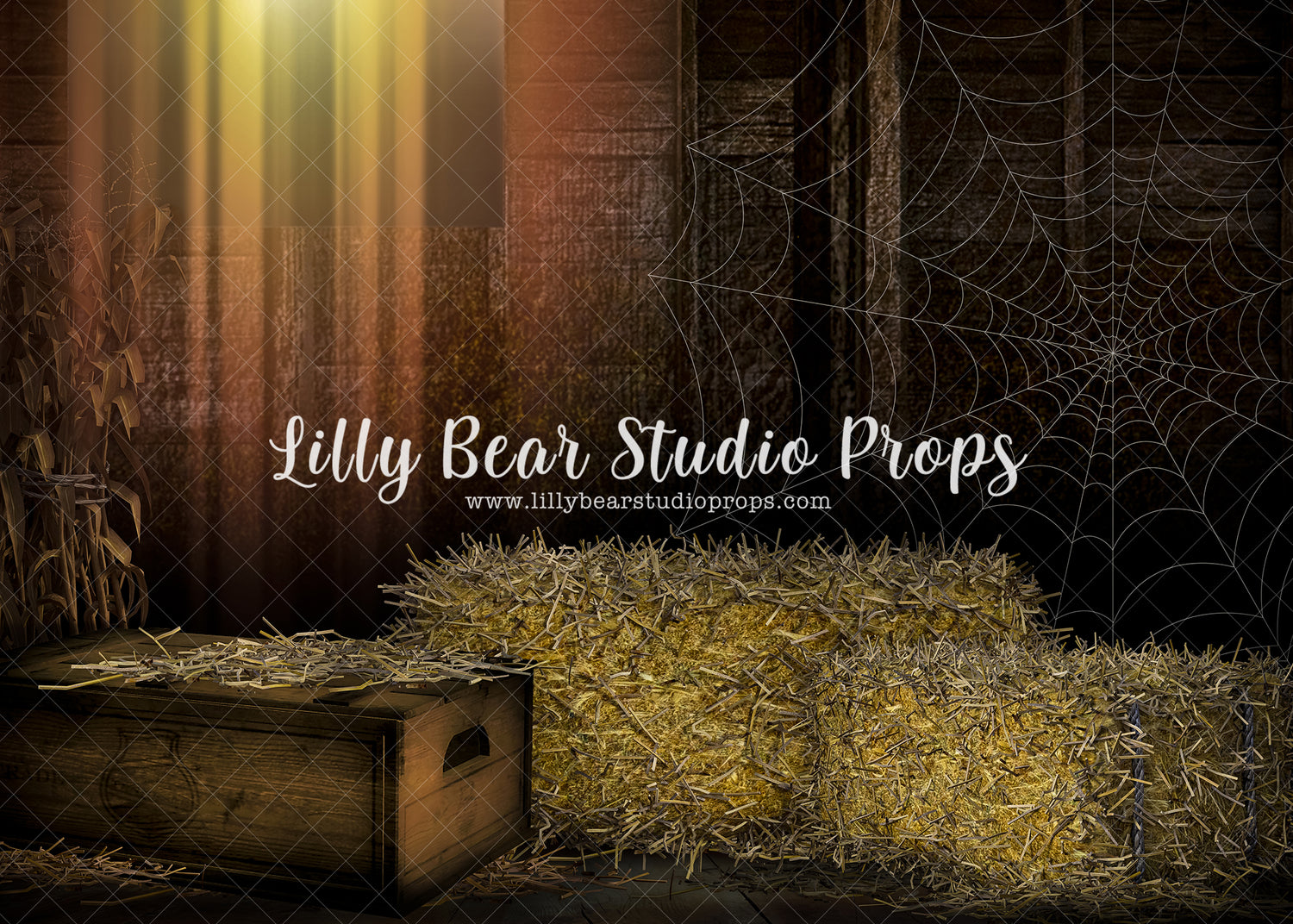 Charlottes Web - Lilly Bear Studio Props, barn, barndoors, easter, easter backdrop, exposed brick, Fabric, FABRICS, garden shed, grass, hay, rustic door, shed, spider, spider web, spring, spring garden, springtime, tilted ladders, white wood, white wood siding, wood boxes, wood doors, wreath, Wrinkle Free Fabric
