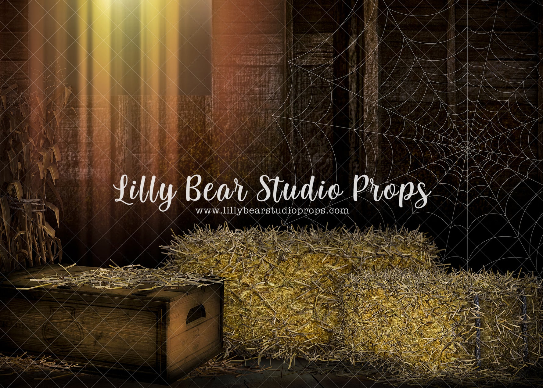 Charlottes Web - Lilly Bear Studio Props, barn, barndoors, easter, easter backdrop, exposed brick, Fabric, FABRICS, garden shed, grass, hay, rustic door, shed, spider, spider web, spring, spring garden, springtime, tilted ladders, white wood, white wood siding, wood boxes, wood doors, wreath, Wrinkle Free Fabric