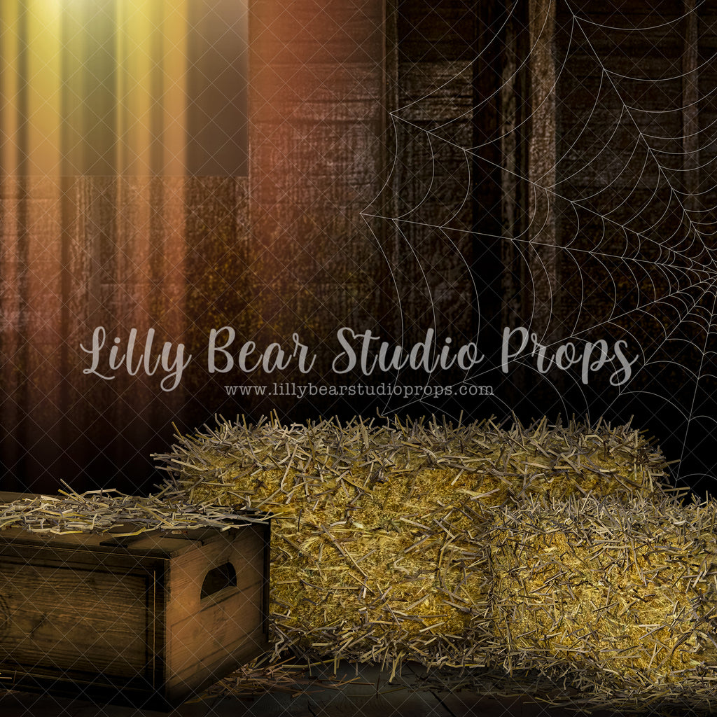 Charlottes Web - Lilly Bear Studio Props, barn, barndoors, easter, easter backdrop, exposed brick, Fabric, FABRICS, garden shed, grass, hay, rustic door, shed, spider, spider web, spring, spring garden, springtime, tilted ladders, white wood, white wood siding, wood boxes, wood doors, wreath, Wrinkle Free Fabric