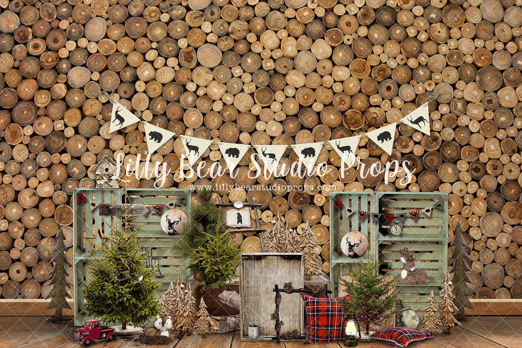 Woodland Log Holidays - Lilly Bear Studio Props, baby deer, bear, buffalo plaid, deer, deer one, deers, Fabric, FABRICS, little wild one, lumber jack, moose, pine trees, plaid, plaid pillows, wild, wild animals, wild one, wood wall