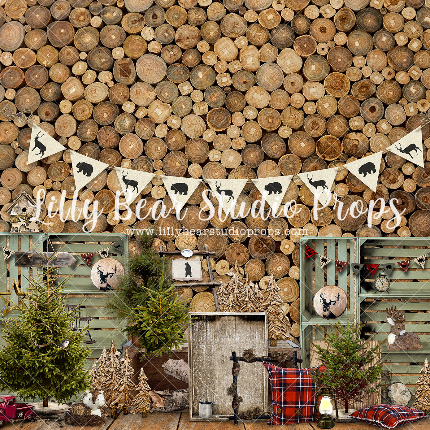Woodland Log Holidays - Lilly Bear Studio Props, baby deer, bear, buffalo plaid, deer, deer one, deers, Fabric, FABRICS, little wild one, lumber jack, moose, pine trees, plaid, plaid pillows, wild, wild animals, wild one, wood wall