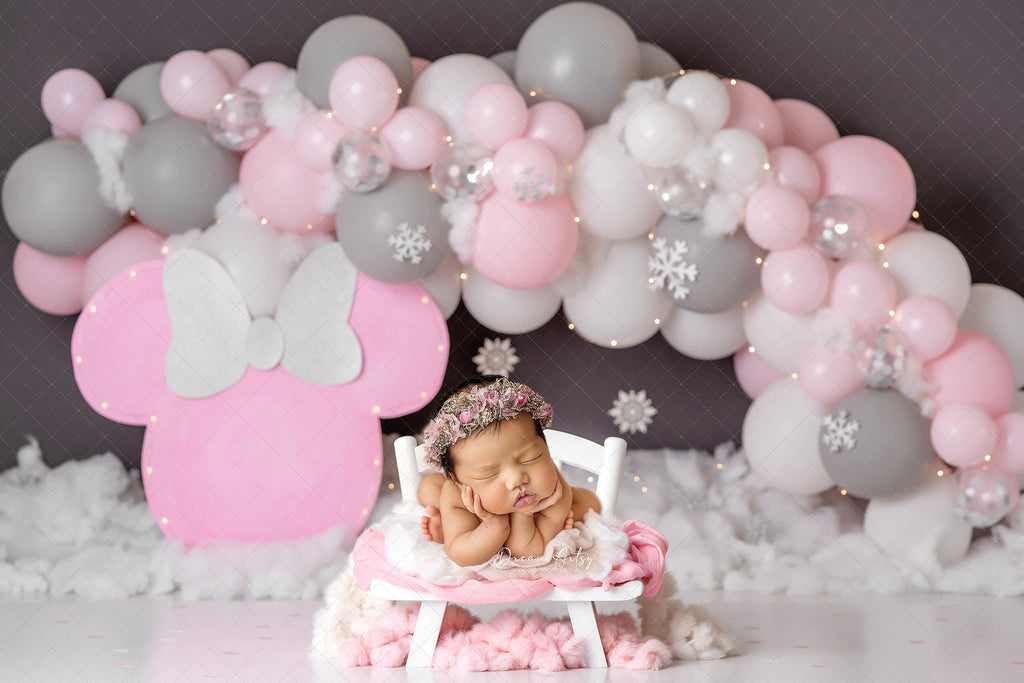 Winter Snowflake Minnie Balloons - Digital Backdrop - Lilly Bear Studio Props, bowl, clouds, digital, minnie balloons, minnie mouse, newborn digital backdrop, pastel, rainbow, rainbow baby, round