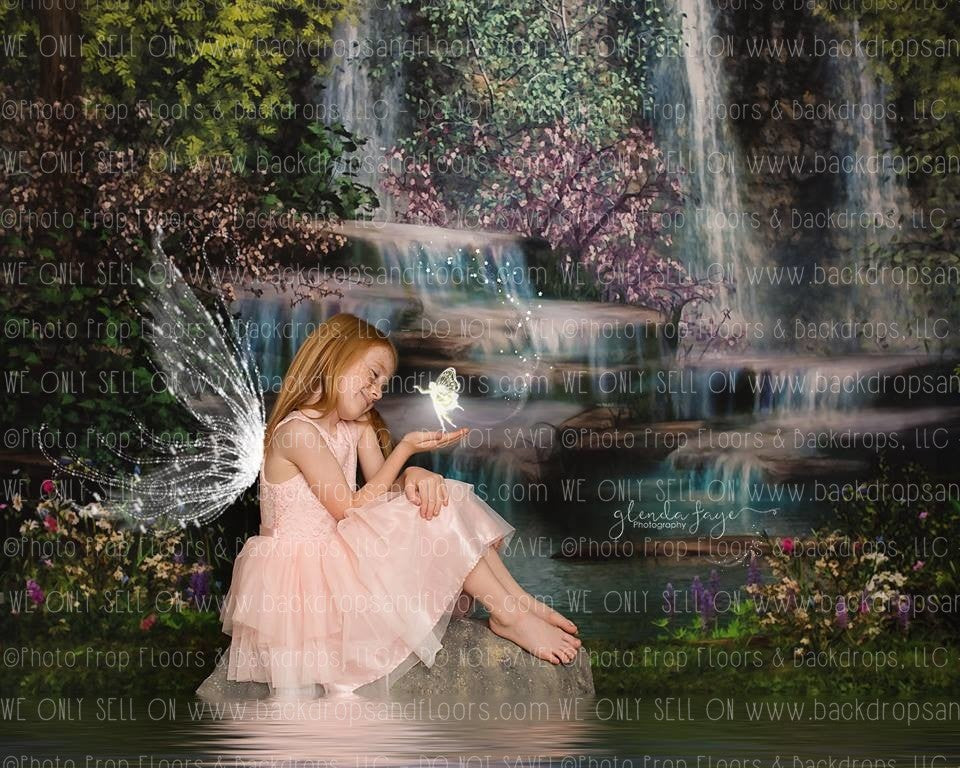 Fairy Tale Waterfall - Lilly Bear Studio Props, artistic floral, blush roses, cherry blossoms, FABRICS, fairies, fairy, fairy garden, floral, floral garden, flower garden, garden, garden love, girl, meadow, pink cherry blossoms, pink rose, pink roses, pond, waterfall, white cherry blossoms