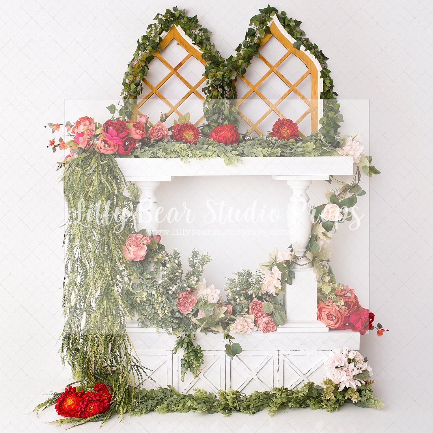 Floral Structure - Lilly Bear Studio Props, boho spring, Fabric, FABRICS, floral, floral boho, flower spring, red and gold, red flowers, red roses, spring, spring blooms, spring floral, spring flowers, spring garden, spring mini, spring window, springtime, vines, Wrinkle Free Fabric