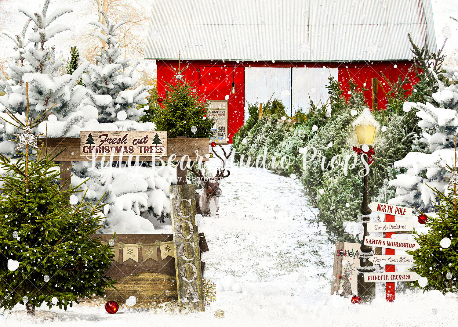 Fresh Cut Trees & Hot Cocoa - Lilly Bear Studio Props, camper, candles, christmas, christmas kitchen, christmas window, Fabric, FABRICS, kitchen, red curtains, tree farm, winter, wreath