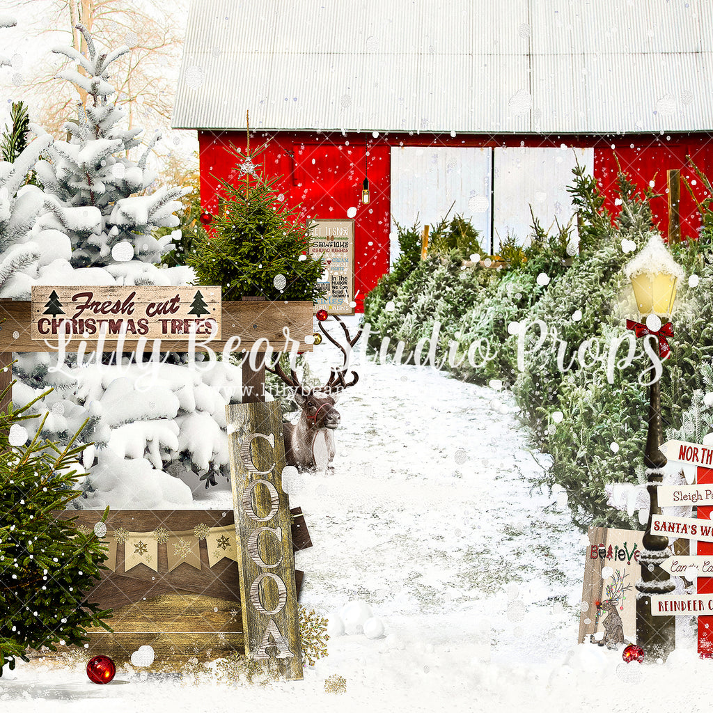 Fresh Cut Trees & Hot Cocoa - Lilly Bear Studio Props, camper, candles, christmas, christmas kitchen, christmas window, Fabric, FABRICS, kitchen, red curtains, tree farm, winter, wreath