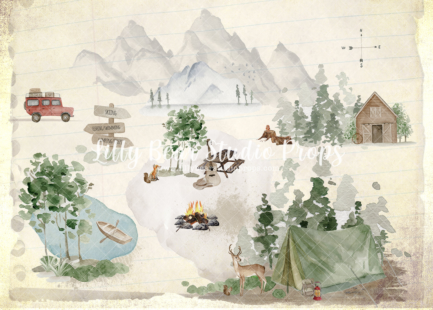 Fun Adventures Map - Lilly Bear Studio Props, adventure, adventure awaits, adventure one, cabin, camp fire, deer, Fabric, FABRICS, forest, forest friends, grey mountain, grey mountains, hike, hiking, log cabin, lumber jack, map, mountain forest, mountain peak, mountain top, mountains, wild, wild one, winter cabin