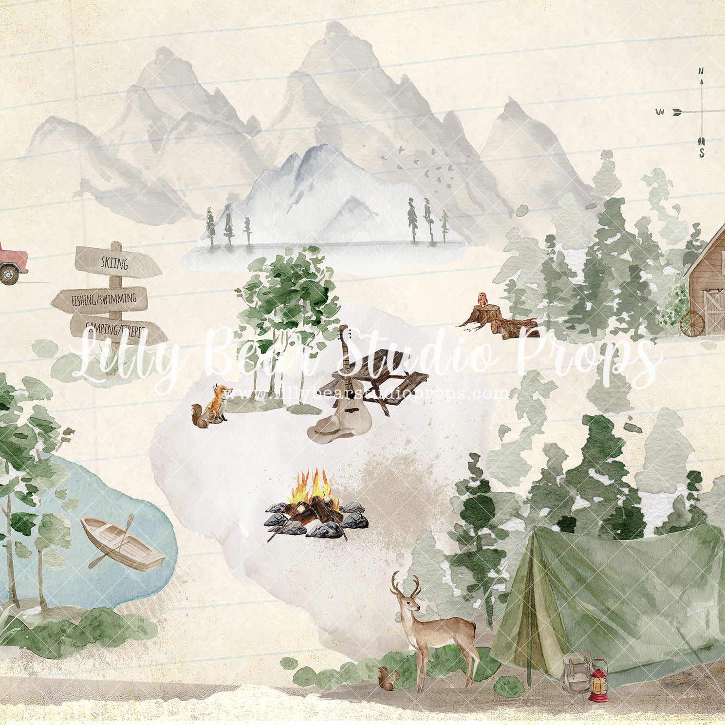 Fun Adventures Map - Lilly Bear Studio Props, adventure, adventure awaits, adventure one, cabin, camp fire, deer, Fabric, FABRICS, forest, forest friends, grey mountain, grey mountains, hike, hiking, log cabin, lumber jack, map, mountain forest, mountain peak, mountain top, mountains, wild, wild one, winter cabin