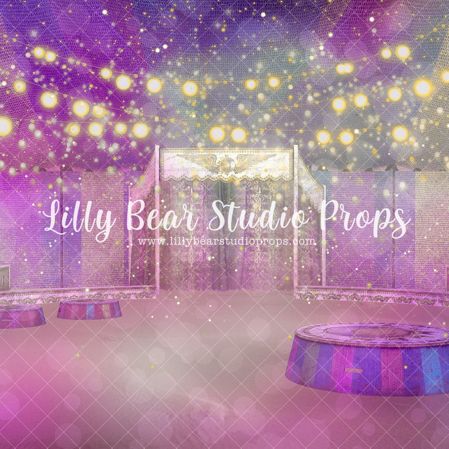 Greatest Show On Earth Pink - Lilly Bear Studio Props, big top, carnival, carnival ride, carousel, carousel horse, circus, circus fair, circus fun, circus ride, circus show, circus tent, Fabric, FABRICS, girl circus, magic circus, pink circus, purple, purple circus, Wrinkle Free Fabric
