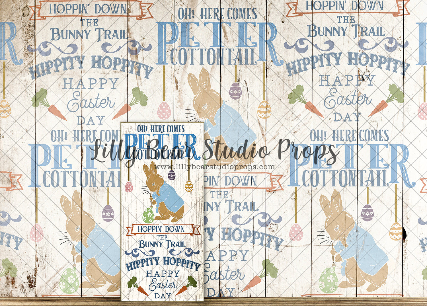Hippity Hoppity Whitewashed Peter Cottontail - Lilly Bear Studio Props, baking, banner, barn, barndoors, blue floral, blue wood, bunny, bunny one, Bunting Banner, bush, bushes, carrot, carrot banner, carrots, easter, easter backdrop, easter baking, easter basket, easter bunny, easter egg, easter eggs, exposed brick, FABRICS, fence, florals, flower box, happy easter, peter rabbit, petter rabit, pink bunny, rabbit, shed, some bunnies one, some bunny is one, some bunny's one, spring, springtime