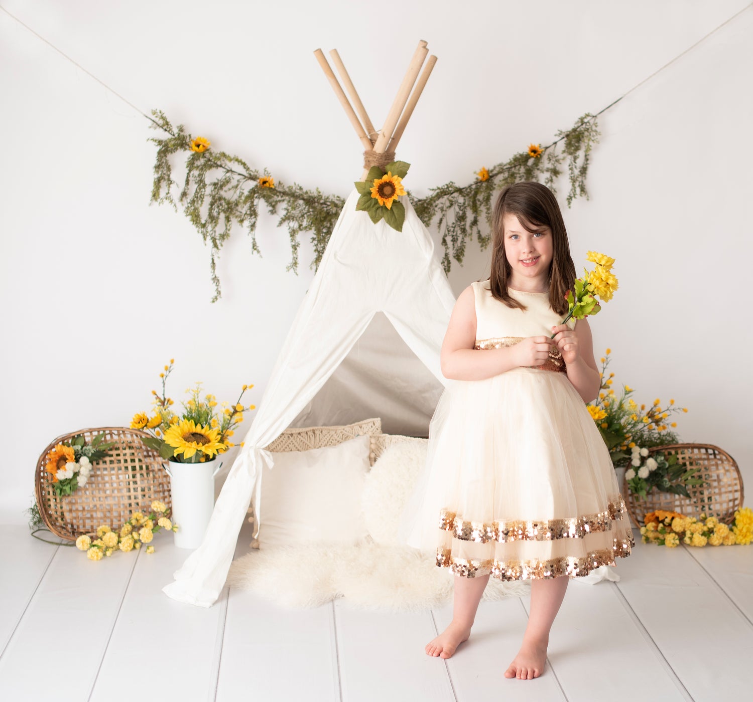 Boho Sunflower Chic - Lilly Bear Studio Props, birthday, bunny, cake smash, easter, easter basket, easter eggs, FABRICS, floral, girl, Greenhouse, spring, sunflower