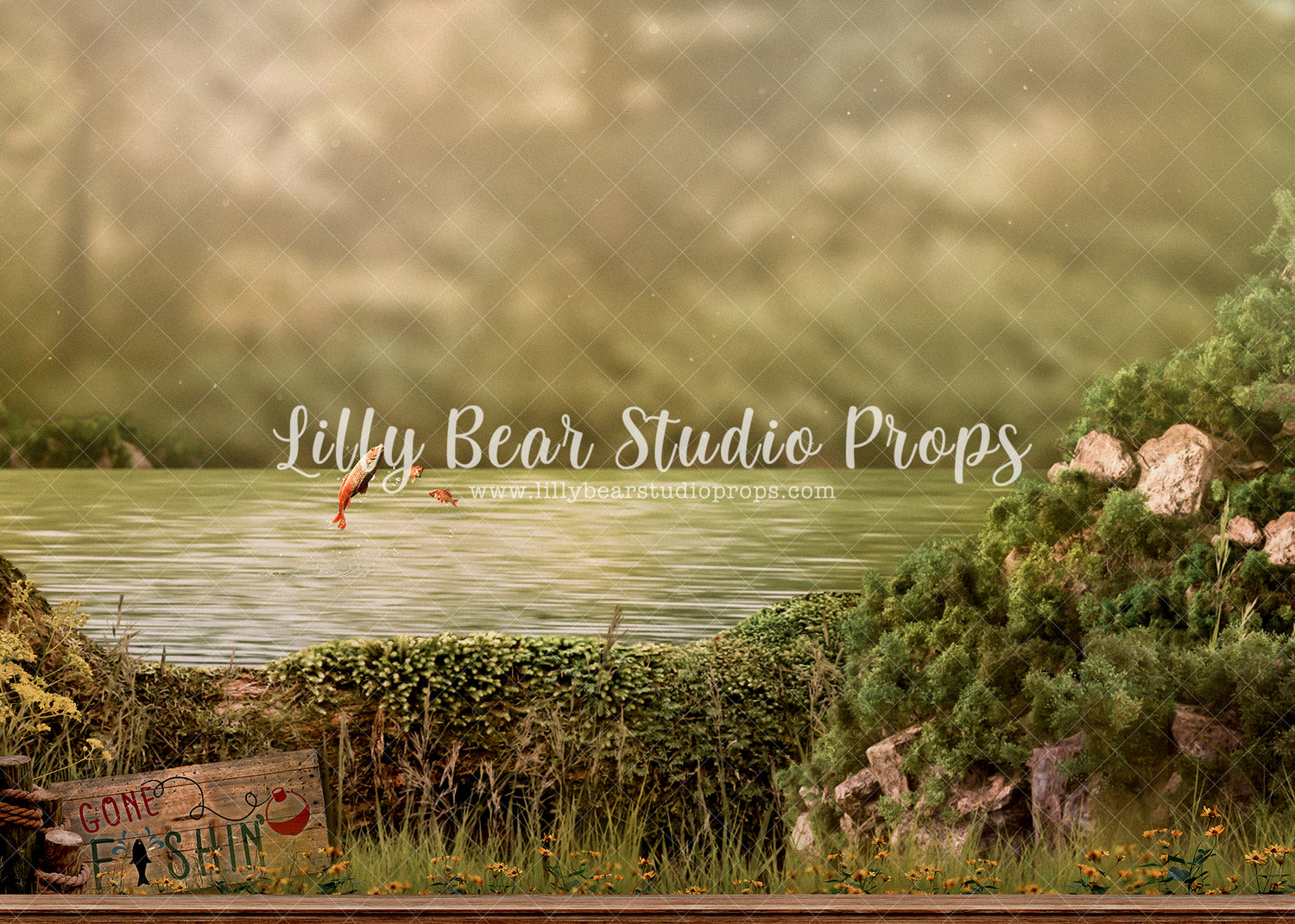 Jumping Fishing Hole - Lilly Bear Studio Props, dock, FABRICS, fish, fish net, fish scales, fishing, fishing dock, fishing rod, fishy, forest, fox, go fish, gold fish, gone fishing, grass, green grass, little wild one, marsh, pond, trees, wild, wild one