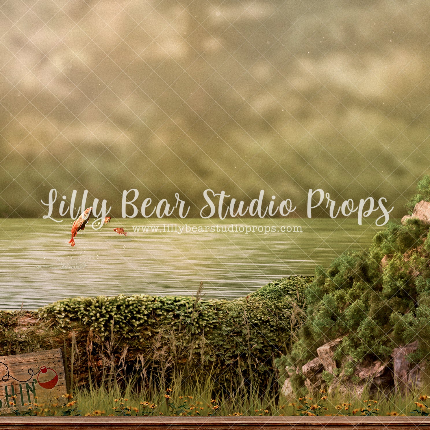 Jumping Fishing Hole - Lilly Bear Studio Props, dock, FABRICS, fish, fish net, fish scales, fishing, fishing dock, fishing rod, fishy, forest, fox, go fish, gold fish, gone fishing, grass, green grass, little wild one, marsh, pond, trees, wild, wild one