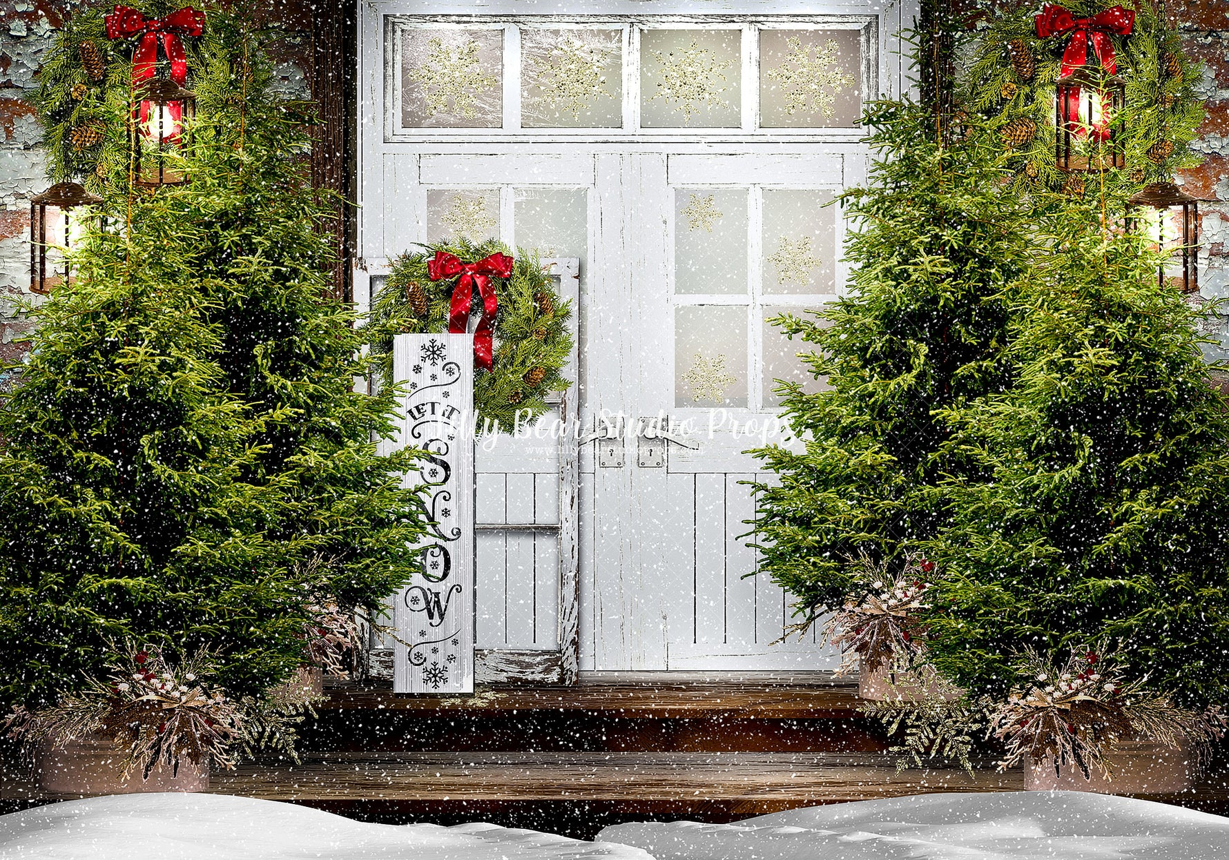 Let It Snow Porch - Lilly Bear Studio Props, animals, autumn forest, dark forest, enchanted forest, Fabric, FABRICS, fall forest, forest, forest animals, forest entry, forest floor, forest friends, forest painting, fox, green forest, into the wild, lanterns, little wild one, misty forest, moon, moonlight, moonlight forest, night forest, nighttime, owl, pine forest, pine tree, pine tree forest, pine trees, raccoon, where the wild things are, wild, wild animal, wild one, wild things, woodland forest