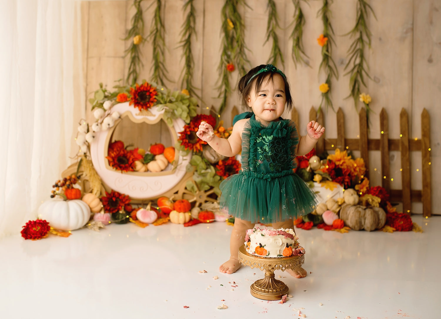 Pumpkin Floral Princess - Lilly Bear Studio Props, Disney princess, fairy princess, fall, fall flowers, fall princess, little princess, orange flowers, pretty little princess, pretty princess, princess, princess cake smash, princess carriage, princess castle, princess party, princesses, pumpkins, red sunflowers, sunflower, sunflower fence, sunflower garden, sunflowers