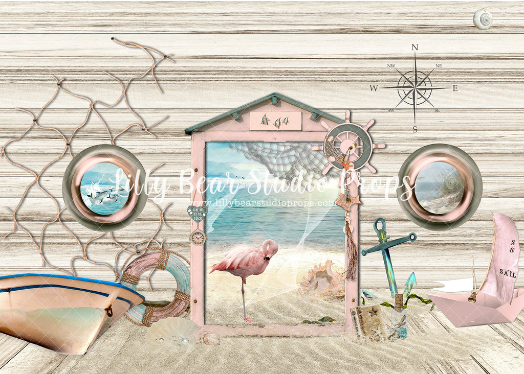 Little Beach Shack Pink - Lilly Bear Studio Props, anchor, anchor away, anchors away, beach, beach shack, compass, Fabric, FABRICS, fish, fisherman, fishing, flamingo, flamingo nautical, hawaiian flamingo, little sailor, nautical, nautical theme, nemo, ocean beach, ocean theme, paddle boat, paddles, pelican, pink flamingo, sail boat, sailor, shipwreck, turtle