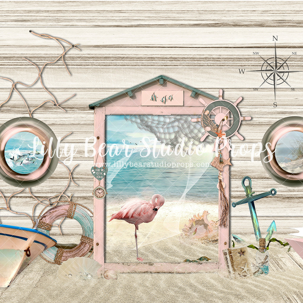 Little Beach Shack Pink - Lilly Bear Studio Props, anchor, anchor away, anchors away, beach, beach shack, compass, Fabric, FABRICS, fish, fisherman, fishing, flamingo, flamingo nautical, hawaiian flamingo, little sailor, nautical, nautical theme, nemo, ocean beach, ocean theme, paddle boat, paddles, pelican, pink flamingo, sail boat, sailor, shipwreck, turtle