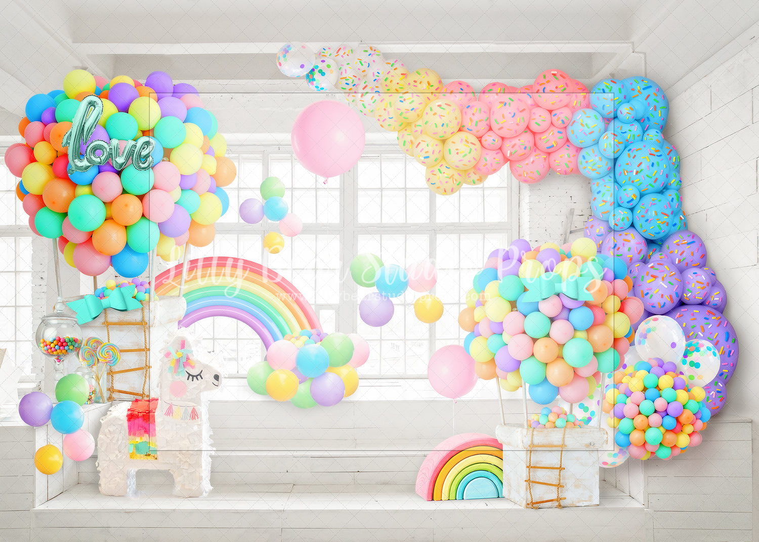Lolli and Conffeti Party - Lilly Bear Studio Props, balloon party, balloon wall, Fabric, FABRICS, hot air balloon, hot air balloon rainbow, hot air balloons, love balloon, pinata, rainbow, rainbow balloon, rainbow balloons, Wrinkle Free Fabric