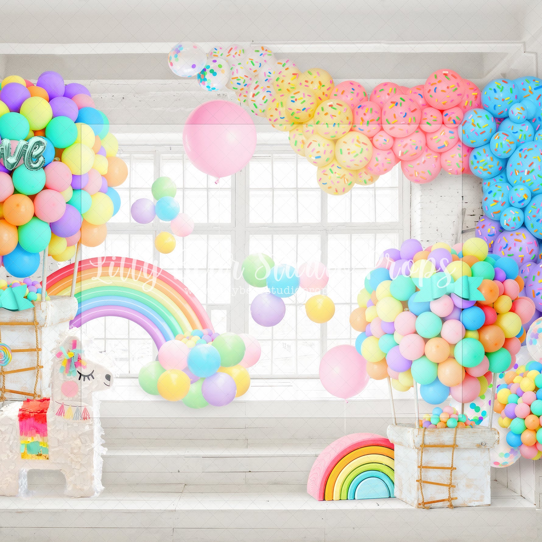 Lolli and Conffeti Party - Lilly Bear Studio Props, balloon party, balloon wall, Fabric, FABRICS, hot air balloon, hot air balloon rainbow, hot air balloons, love balloon, pinata, rainbow, rainbow balloon, rainbow balloons, Wrinkle Free Fabric