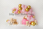 Beary Cute Party - Lilly Bear Studio Props, balloon rainbow, glitter rainbow, gold balloons, gold rainbow, pastel rainbow, pink and gold, pink and gold balloons, pink and gold garland, pink balloons, pink rainbow, teddies, teddy bears