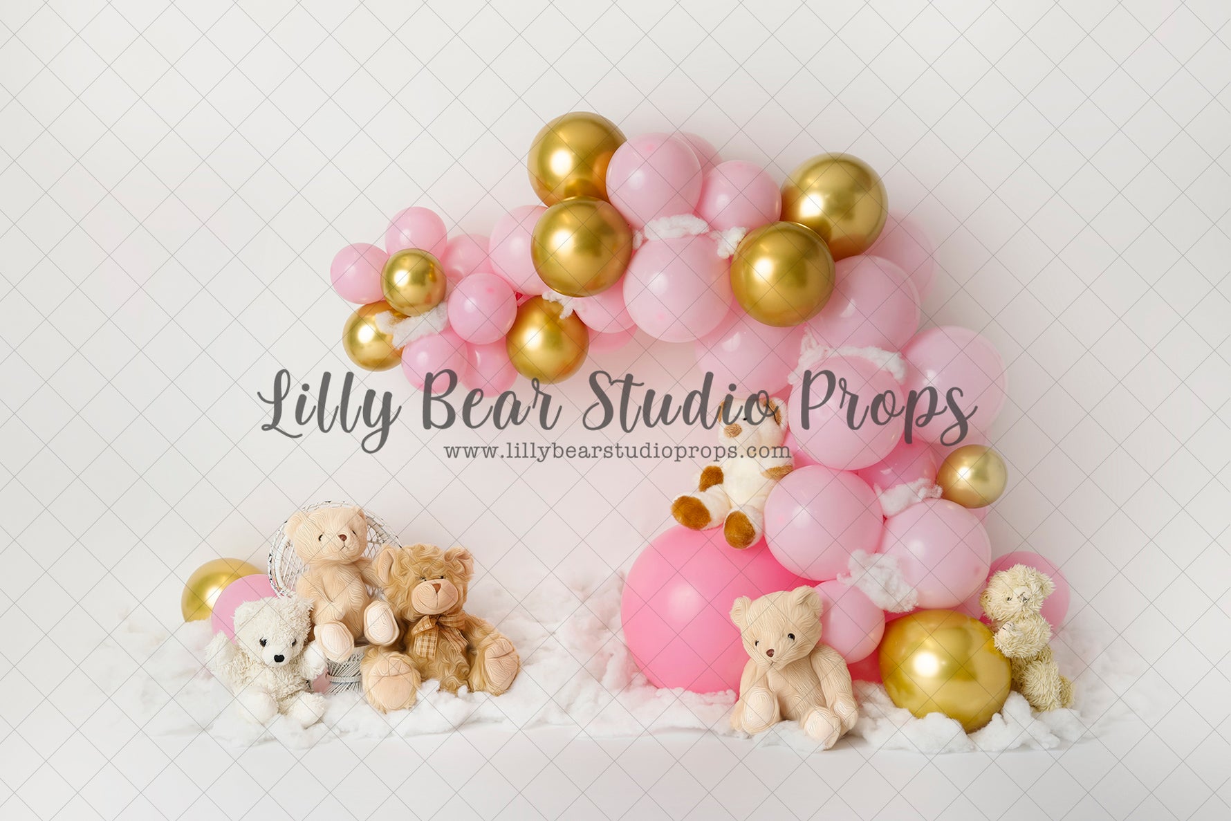 Beary Cute Party - Lilly Bear Studio Props, balloon rainbow, glitter rainbow, gold balloons, gold rainbow, pastel rainbow, pink and gold, pink and gold balloons, pink and gold garland, pink balloons, pink rainbow, teddies, teddy bears