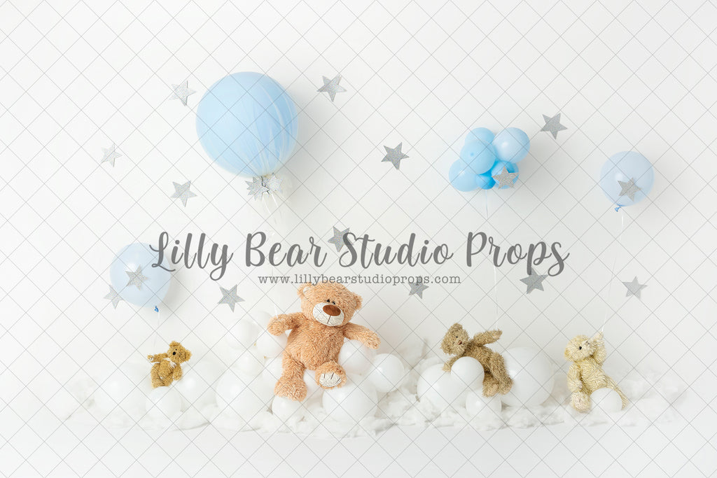 Blue Teddies Up up and away - Lilly Bear Studio Props, blue and silver, blue balloons, hot air balloon, silver, silver and blue, silver star, silver stars, teddy, teddy balloons, teddy bear, teddy bear picnic, teddy bears, teddys