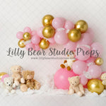 Beary Cute Party - Lilly Bear Studio Props, balloon rainbow, glitter rainbow, gold balloons, gold rainbow, pastel rainbow, pink and gold, pink and gold balloons, pink and gold garland, pink balloons, pink rainbow, teddies, teddy bears