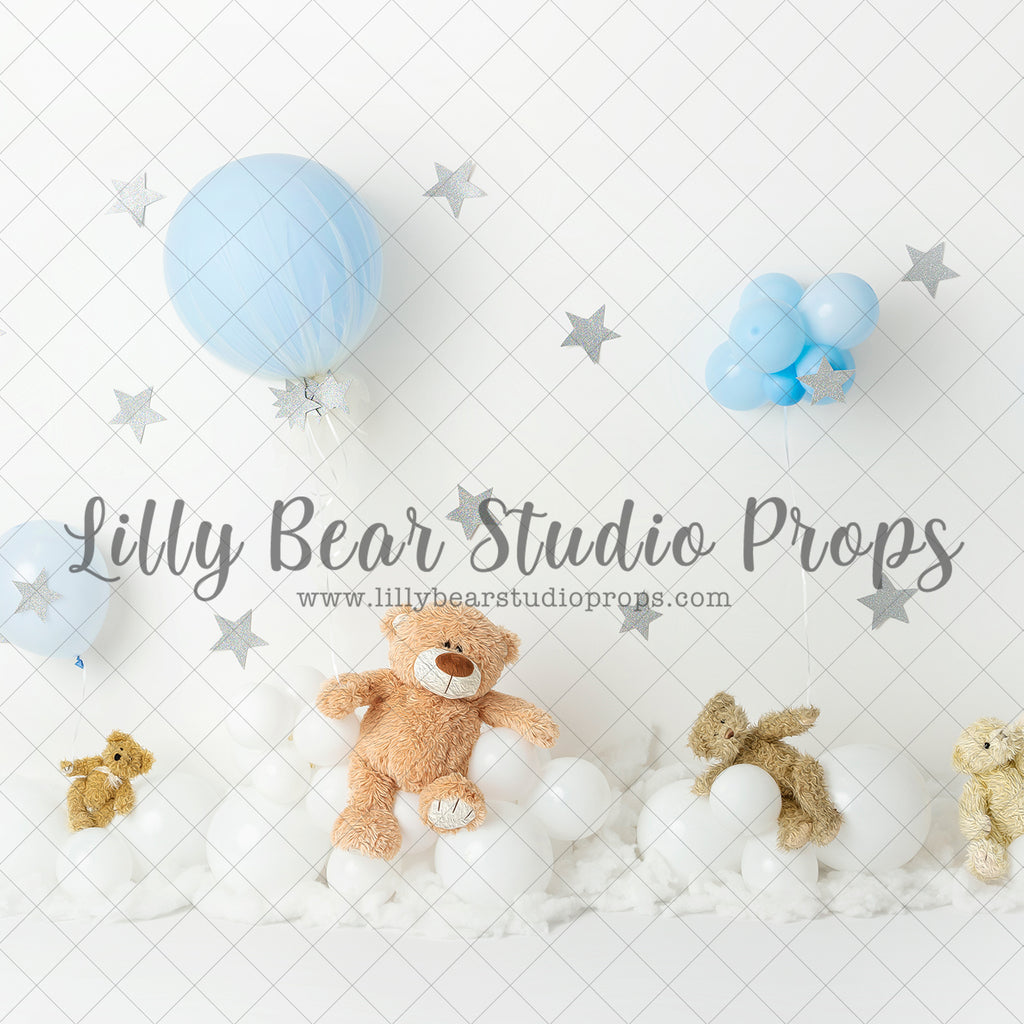 Blue Teddies Up up and away - Lilly Bear Studio Props, blue and silver, blue balloons, hot air balloon, silver, silver and blue, silver star, silver stars, teddy, teddy balloons, teddy bear, teddy bear picnic, teddy bears, teddys