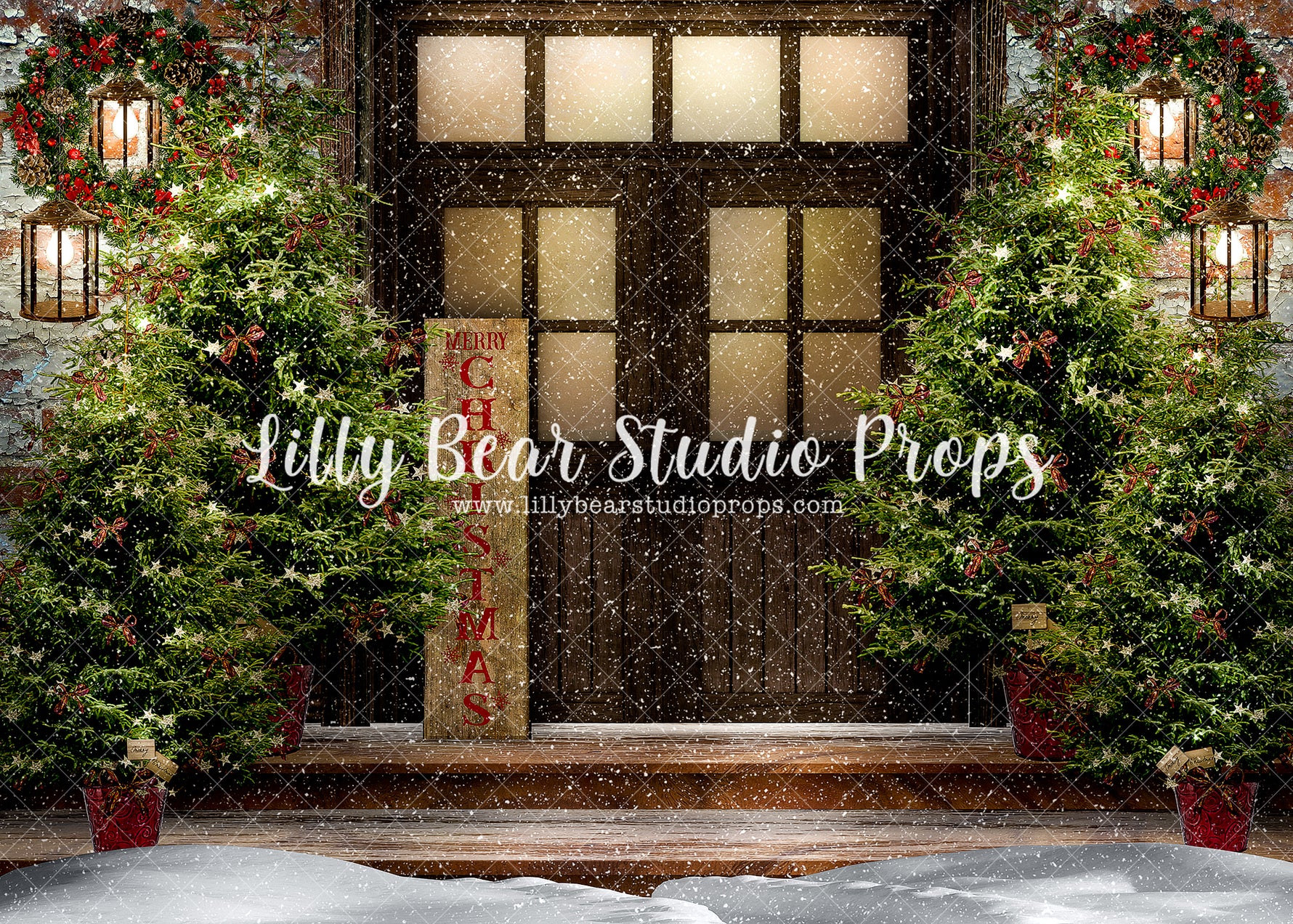 Merry Christmas Tree Porch - Lilly Bear Studio Props, animals, autumn forest, dark forest, enchanted forest, Fabric, FABRICS, fall forest, forest, forest animals, forest entry, forest floor, forest friends, forest painting, fox, green forest, into the wild, lanterns, little wild one, misty forest, moon, moonlight, moonlight forest, night forest, nighttime, owl, pine forest, pine tree, pine tree forest, pine trees, raccoon, where the wild things are, wild, wild animal, wild things, woodland forest