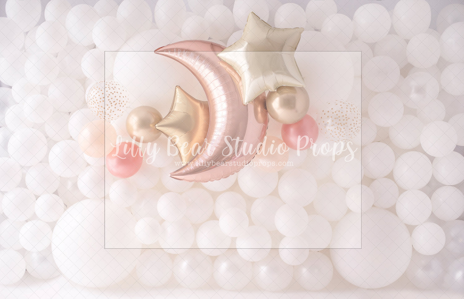 Moon Balloon Wall - Lilly Bear Studio Props, balloon wall, gold star, gold stars, moon, moon and stars, pastel, pink white and rose gold, rose gold, rose gold balloons, rose gold moon, stars, white balloon wall, white balloons