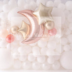 Moon Balloon Wall - Lilly Bear Studio Props, balloon wall, gold star, gold stars, moon, moon and stars, pastel, pink white and rose gold, rose gold, rose gold balloons, rose gold moon, stars, white balloon wall, white balloons