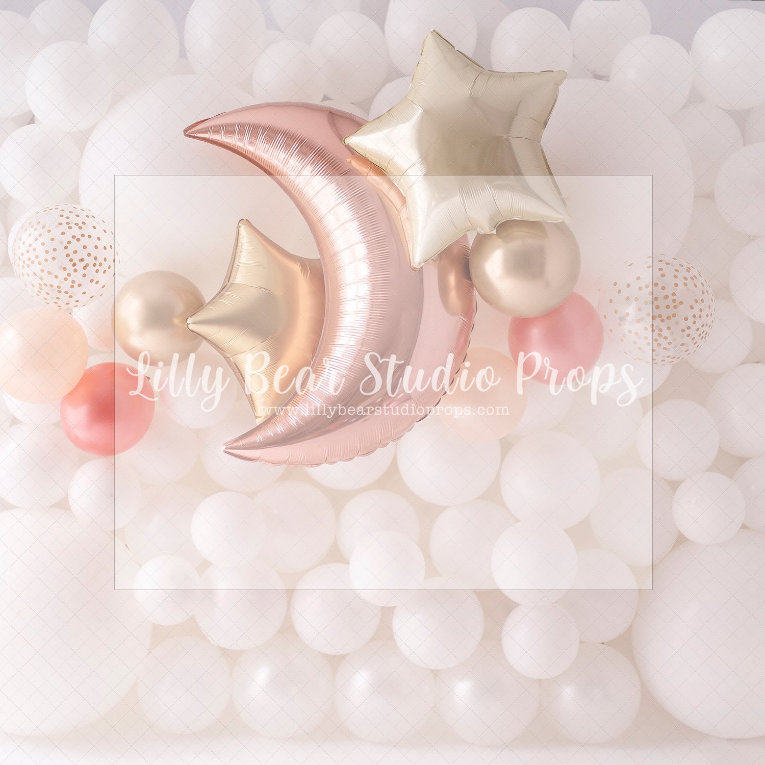 Moon Balloon Wall - Lilly Bear Studio Props, balloon wall, gold star, gold stars, moon, moon and stars, pastel, pink white and rose gold, rose gold, rose gold balloons, rose gold moon, stars, white balloon wall, white balloons