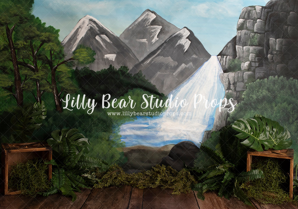 Mountain Forest - Lilly Bear Studio Props, boy cake smash, cake smash, FABRICS, forest, forest floor, forest painting, garden, grey mountains, jungle, mountain forest, mountains, waterfall, wild one, woodland forest