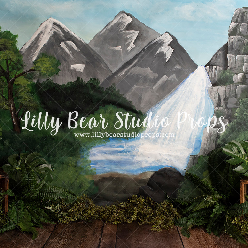 Mountain Forest - Lilly Bear Studio Props, boy cake smash, cake smash, FABRICS, forest, forest floor, forest painting, garden, grey mountains, jungle, mountain forest, mountains, waterfall, wild one, woodland forest
