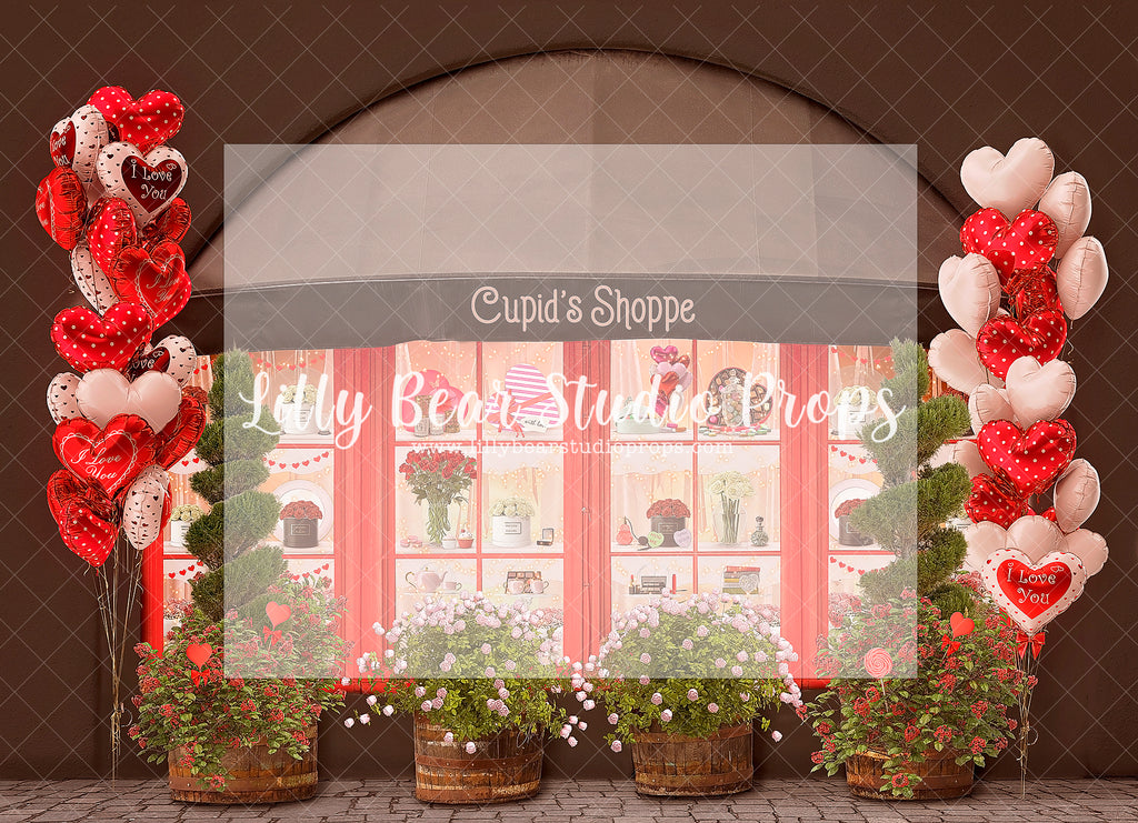 Cupid's Shoppe Dark - Lilly Bear Studio Props, cupid, Fabric, FABRICS, flower shop, heart balloons, love shop, outdoor valentines, red and pink, red roses, valentine, valentine backdrop, valentine booth, valentine day shop, valentine flowers, valentine's card, valentine's day shop, valentines, valentines booth, valentines day, valentines kisses, Wrinkle Free Fabric