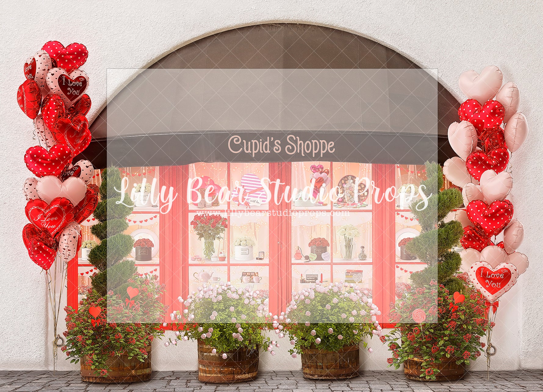 Cupid's Shoppe Light - Lilly Bear Studio Props, cupid, Fabric, FABRICS, flower shop, heart balloons, love shop, outdoor valentines, red and pink, red roses, valentine, valentine backdrop, valentine booth, valentine day shop, valentine flowers, valentine's card, valentine's day shop, valentines, valentines booth, valentines day, valentines kisses, Wrinkle Free Fabric