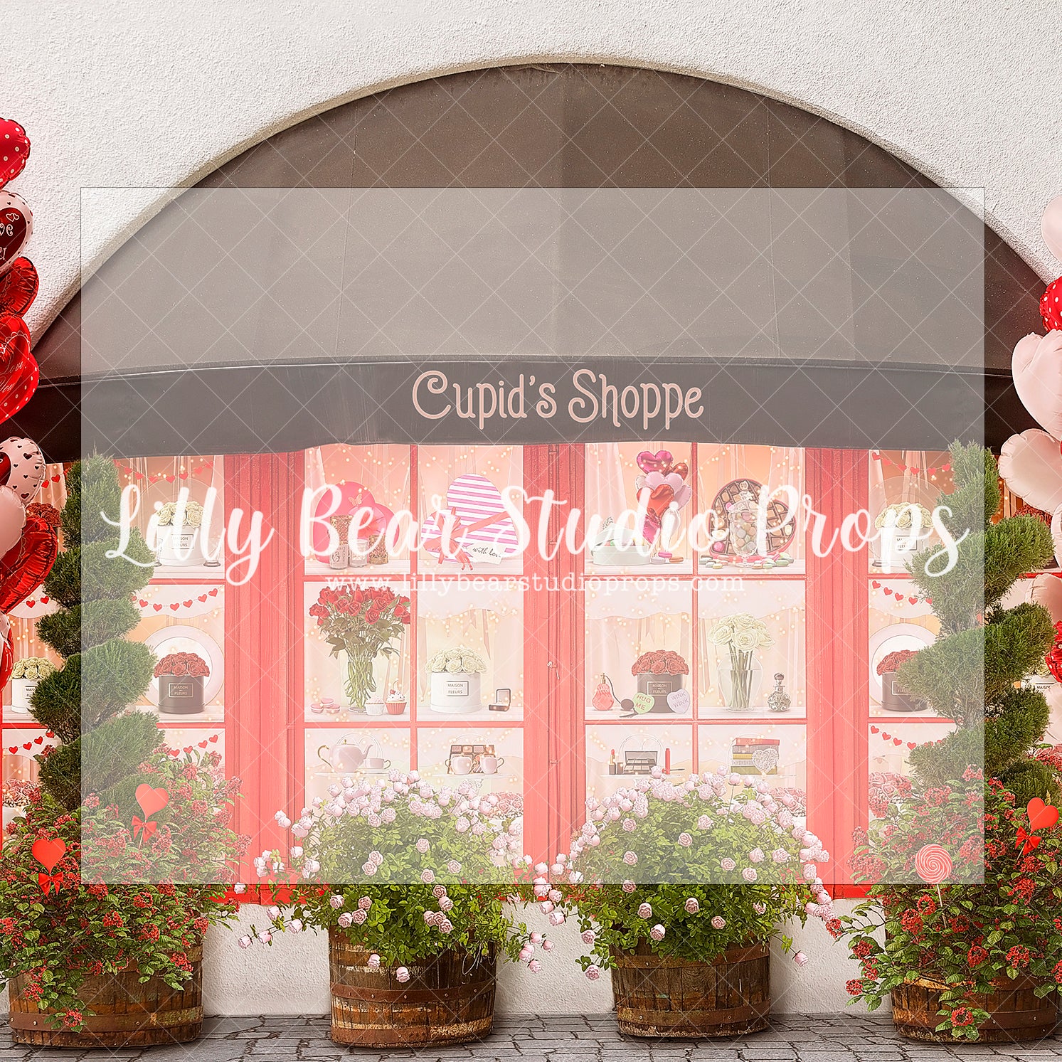 Cupid's Shoppe Light - Lilly Bear Studio Props, cupid, Fabric, FABRICS, flower shop, heart balloons, love shop, outdoor valentines, red and pink, red roses, valentine, valentine backdrop, valentine booth, valentine day shop, valentine flowers, valentine's card, valentine's day shop, valentines, valentines booth, valentines day, valentines kisses, Wrinkle Free Fabric