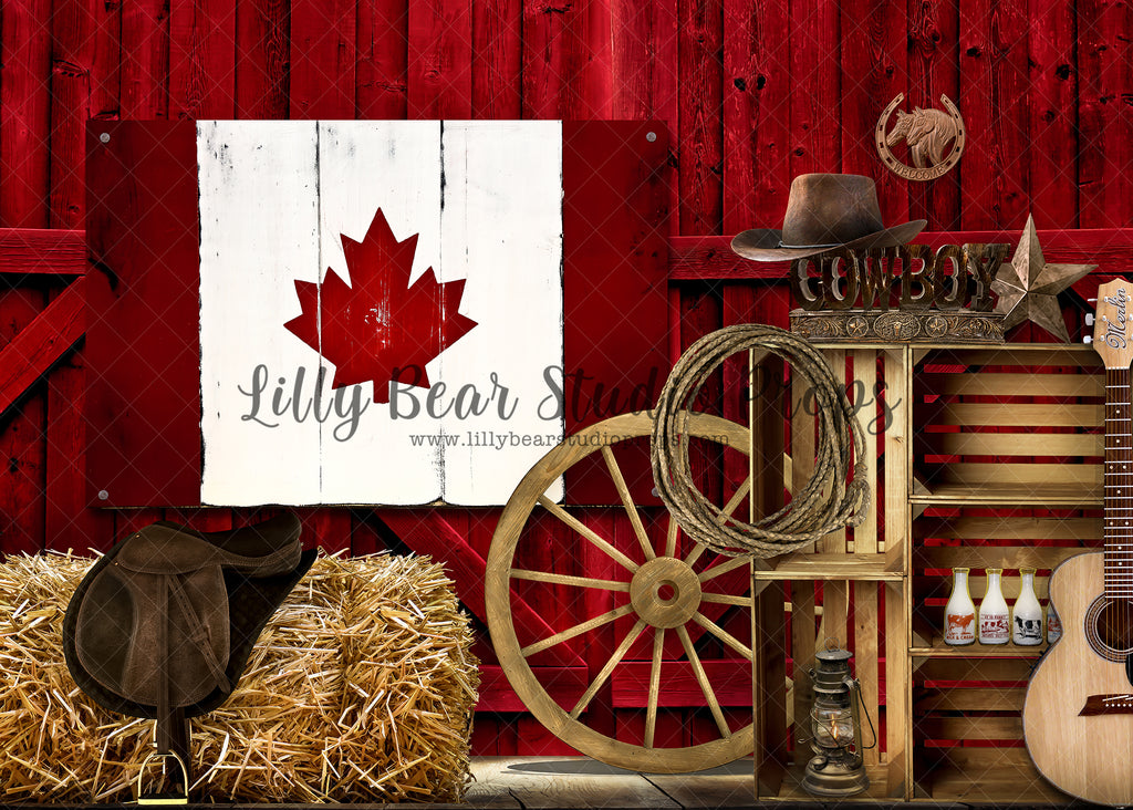 Patriotic Cowboy Canada - Lilly Bear Studio Props, barn, barn doors, barn wood, barn wood planks, barnwood, canada flag, country, country singer, cowboy, cowboy hat, cowgirl, FABRICS, farm, flag, guitar, hay, lantern, maple leaf, red barn, rope, rustic door, rustic fence, saddle, star, wagon, wagon wheels, wood crate