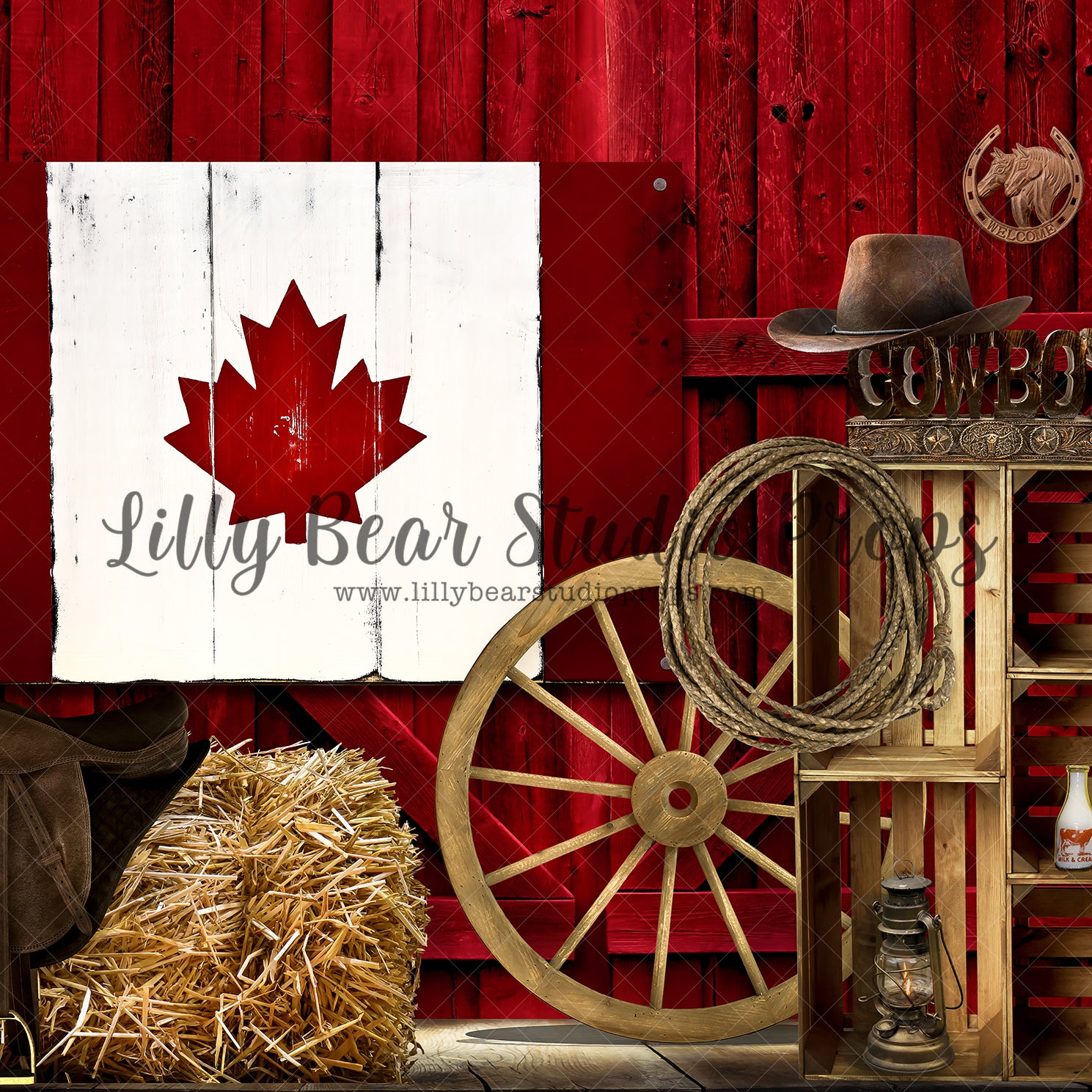 Patriotic Cowboy Canada - Lilly Bear Studio Props, barn, barn doors, barn wood, barn wood planks, barnwood, canada flag, country, country singer, cowboy, cowboy hat, cowgirl, FABRICS, farm, flag, guitar, hay, lantern, maple leaf, red barn, rope, rustic door, rustic fence, saddle, star, wagon, wagon wheels, wood crate