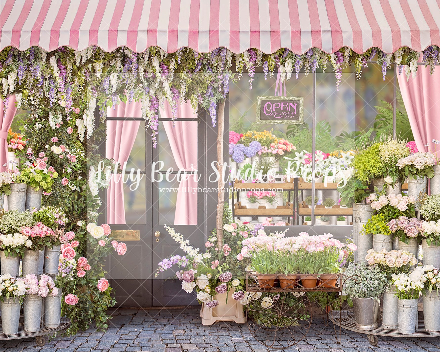 Pink canopy flower shop - Lilly Bear Studio Props, bloom, bloom shop, blooming flowers, blooming shop, blooms, blue floral, Fabric, FABRICS, floral, flower, flower market, flower shop, flowers, garden, little flower shop, little shop, market, open, plants, shop, shoppe, spring, spring flowers, Wrinkle Free Fabric