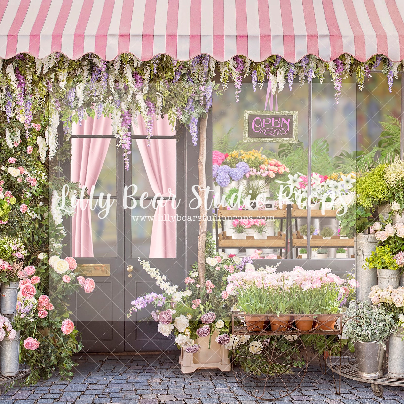 Pink canopy flower shop - Lilly Bear Studio Props, bloom, bloom shop, blooming flowers, blooming shop, blooms, blue floral, Fabric, FABRICS, floral, flower, flower market, flower shop, flowers, garden, little flower shop, little shop, market, open, plants, shop, shoppe, spring, spring flowers, Wrinkle Free Fabric